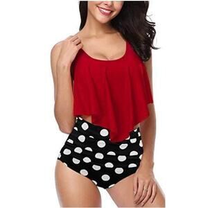 Red / Black polka dot 2 piece swimsuit set L NWOT